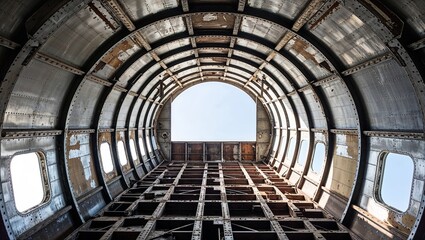 Fototapeta premium interior of an abandoned aircraft fuselage, showcasing a cylindrical, metallic structure with visible rivets and beams. 