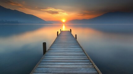 Obraz premium Wooden pier extending into a calm lake with a sunrise behind distant mountains.