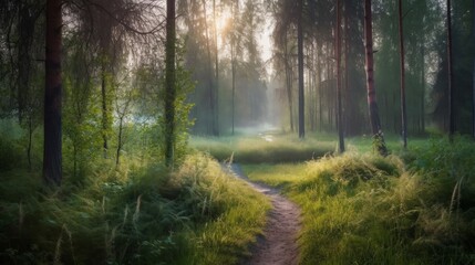 Fototapeta premium A sunlit path winds through a misty forest, dappled light filtering through the trees.