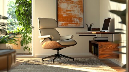 A cozy home office corner with a soft rug, an ergonomic chair, a laptop, and decorative wall art for inspiration.