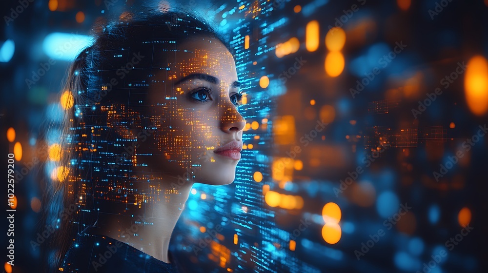 Poster a woman's profile is superimposed with glowing lines of code, representing the connection between hu