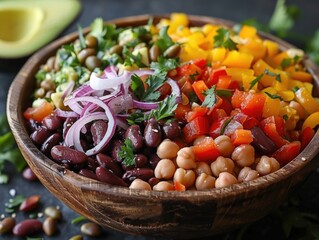 Vibrant bean salad in a rustic wooden bowl, with black beans, kidney beans, garbanzo beans, chopped red onions, bell peppers, avocado, parsley, cilantro, and a zesty olive oil and lemon dressing
