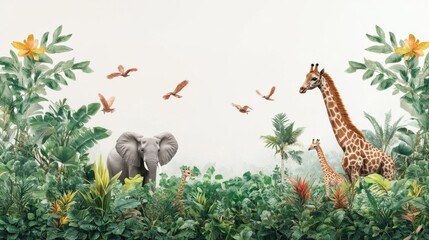 Fototapeta premium An elephant and giraffes stand amongst lush foliage and tropical plants.