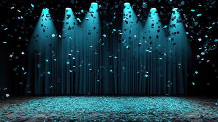 A stage with blue lighting and confetti, creating a celebratory atmosphere.