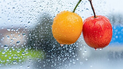 Fresh Fruit on a Rainy Day with Water Droplets