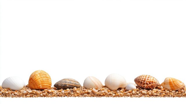 Assorted seashells on sand, white isolated background.  Colorful beach and summer theme.