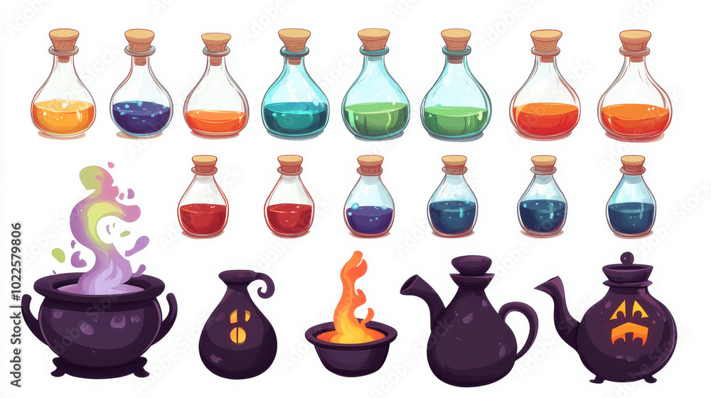 Poster a set of cartoon witch potion bottles for halloween. they include a boiling cauldron and vials with 