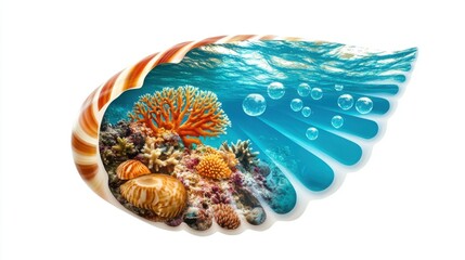 Fototapeta premium Shell with coral reef and bubbles on white background. Double Exposure, Beach and Summer.