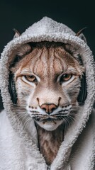 Lynx wearing a hoodie and headphones, exuding a cool and mysterious vibe, AI