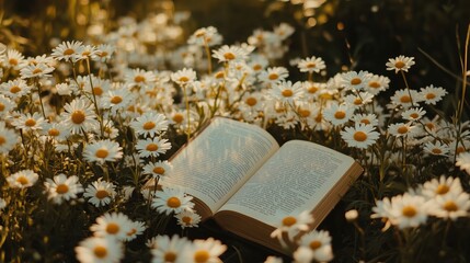Open book surrounded by daisies in sunlight, nature's beauty, tranquility © Vergiliy