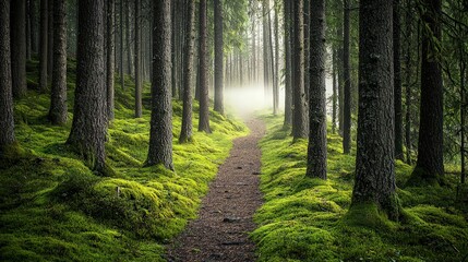 Obraz premium A winding path through a dense forest, with sunlight shining through the trees and creating a magical atmosphere.