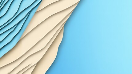 Obraz premium Abstract paper cut design with blue and beige waves on a blue background.