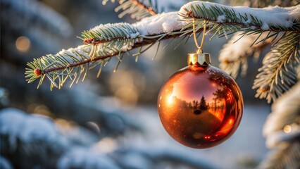 Christmas ornament hanging on a snow-covered pine branch, warm winter tones.