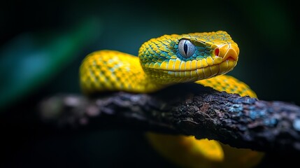 Fototapeta premium A yellow and blue viper snake with a red nose is curled on a branch with a dark green background.