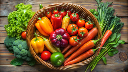 A vibrant basket filled with fresh vegetables on a rustic wooden table.