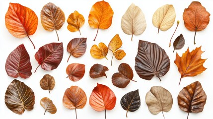 Colorful autumn leaves collection, various shapes and sizes, vibrant hues