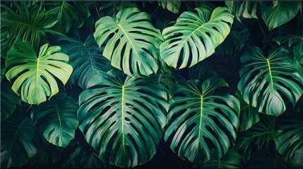 Lush green monstera leaves in a dense tropical rainforest, creating a vibrant and textured background.