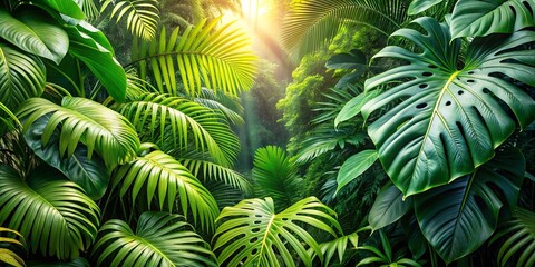 Fototapeta premium A lush canopy of vibrant green leaves, illuminated by a soft, ethereal light, creating a sense of mystery and tranquility within the verdant undergrowth.