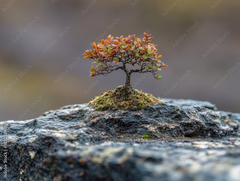 Poster a close-up of a micro tree, showing its detailed leaves and tiny structure, almost like a miniature 