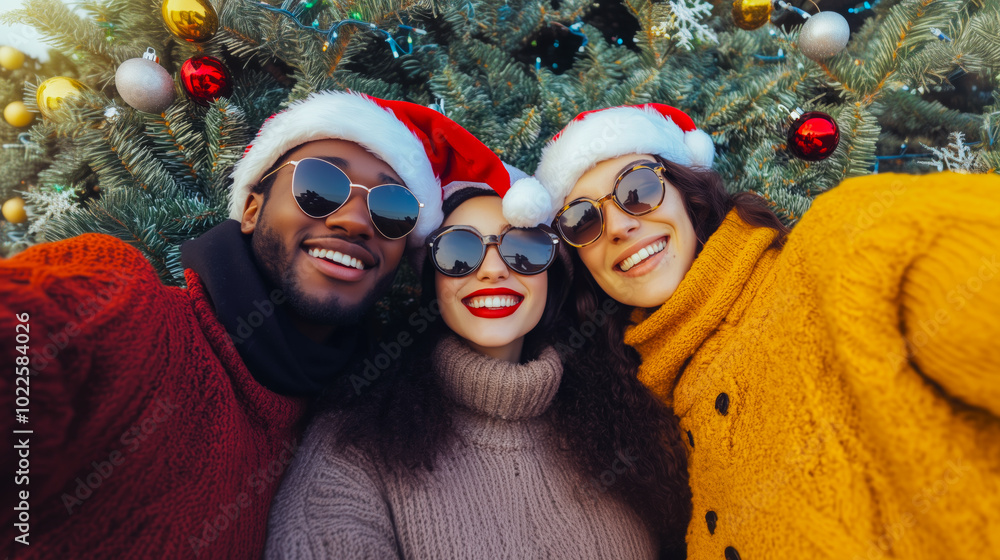 Wall mural Diverse friends in Santa hats celebrate at a festive Christmas gathering.