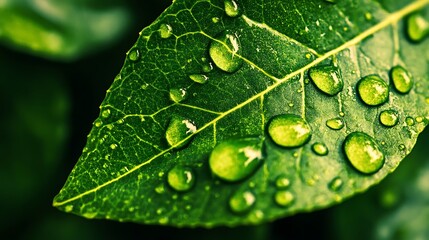 Green leaf with dew drops on it, fresh drops of water on a high quality leaf with visible veins