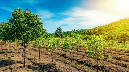 Rows of young trees planted in a field with blue sky and sun shining.