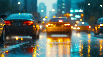 Traffic on city streets at dusk in the rain, blurred background.