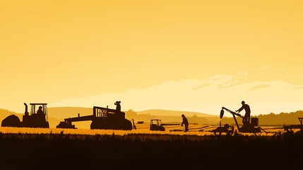 Fototapeta premium Silhouetted farm workers and machinery at sunset harvesting crops.