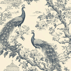 A Toile de Jouy seamless pattern with delicate scenes of peacocks wandering through palace gardens