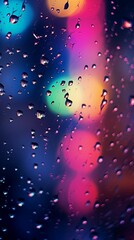 Colorful lights reflected on the glass, raindrops, and a blurred background with blurry colors mobile wallpaper 9:16 ratio. Generative ai