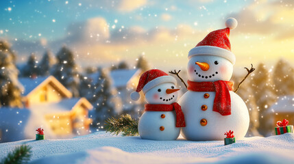 Fototapeta premium Cheerful snowman duo in festive attire on a snowy winter's day.