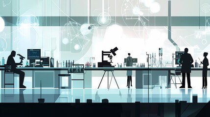 Silhouetted scientists working in a modern laboratory setting.