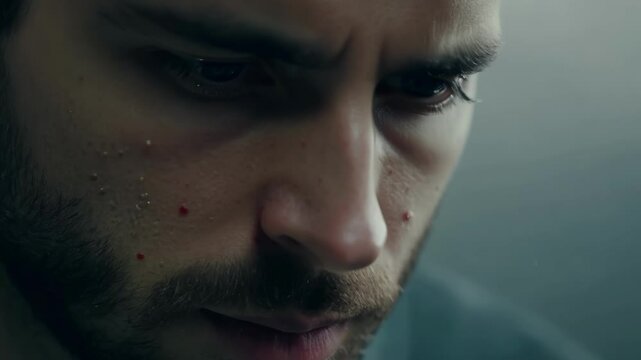 Young man with acne scars looks down, showing concern about his skin. His moody expression reflects worries about skincare, highlighting imperfections and self consciousness