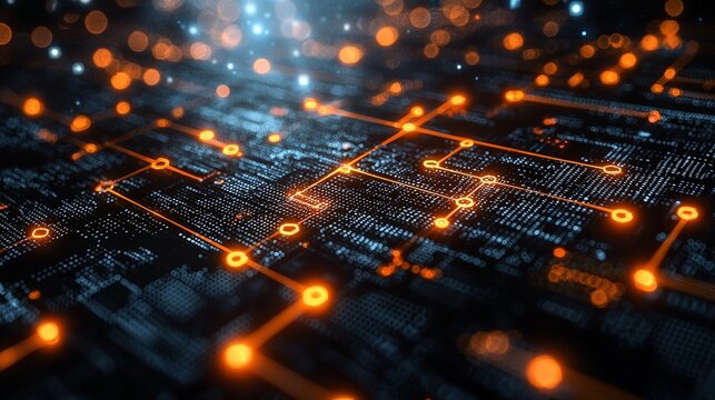 A close-up view of a circuit board with glowing connections, symbolizing technology and innovation.
