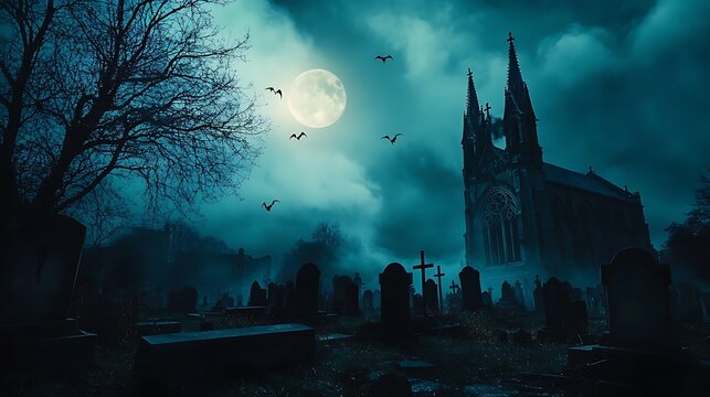Cemetery landscape view in dark night under the moonlight, graveyard is full of tombstones and there is a chapel in background with blue and teal night sky, scary Halloween theme