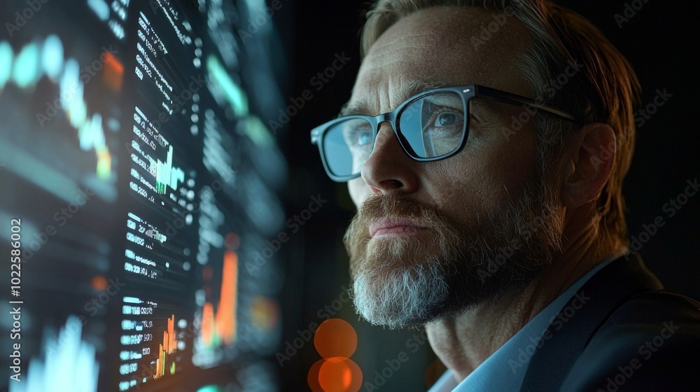 Poster a professional reviewing business analytics on a large screen display