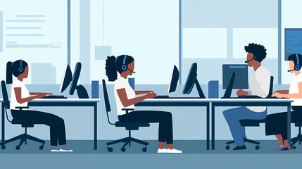 Diverse customer service team working in a modern office setting.