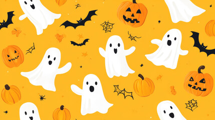 A fun Halloween pattern with ghosts, spiderwebs, bats, and pumpkins on a bright yellow background.