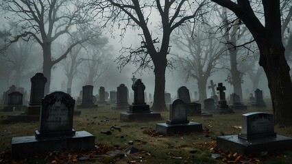 Misty Autumn Cemetery with Gravestones and Fallen Leaves – Gothic and Eerie Atmosphere