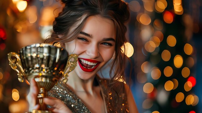 A happy young woman with a vibrant red lipstick smile, holding a golden trophy, radiating excitement and accomplishment in an elegant outfit