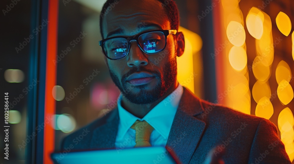 Poster a professional reviewing business data on a tablet while discussing with colleagues