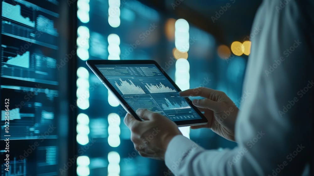 Poster a professional reviewing business data on a tablet while discussing with colleagues