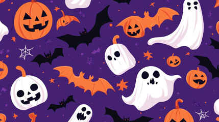 This Halloween design is simple and features popular spooky symbols. It's a repeating pattern that works well for fabrics, backgrounds, and decorations.