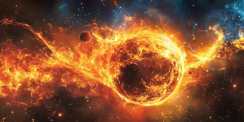 Obraz premium Great fire explosion on a planet in space, fire blaze flame around a single planet illustration background