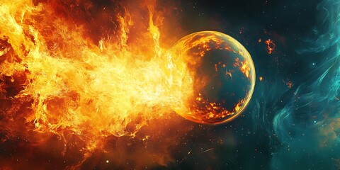 Obraz premium Great fire explosion on a planet in space, fire blaze flame around a single planet illustration background