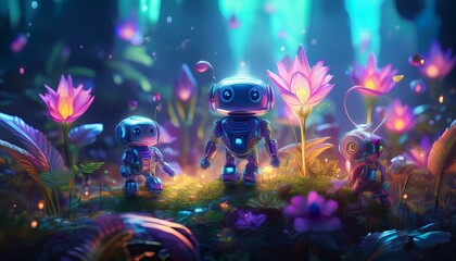 Shiny Fantasy Small A.I robots in harmony with nature