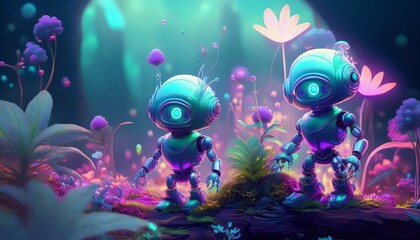 Shiny Fantasy Small A.I robots in harmony with nature