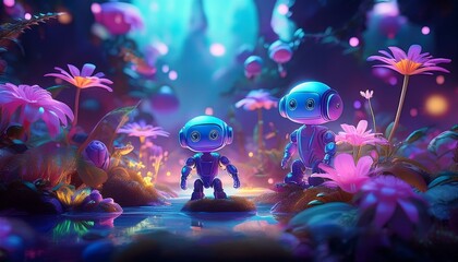 Shiny Fantasy Small A.I robots in harmony with nature