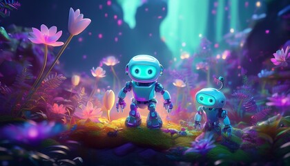 Shiny Fantasy Small A.I robots in harmony with nature