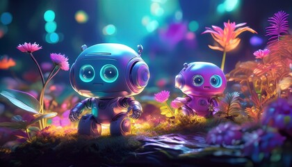 Shiny Fantasy Small A.I robots in harmony with nature